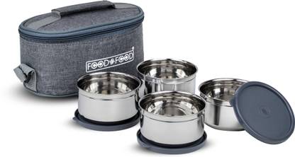 FOODNFOOD GALAXY MAX Microwave Safe Stainless Steel 4 Containers 350ml Each Spoon & Fork 4 Containers Lunch Box