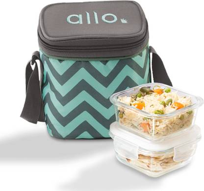 Allo FoodSafe Glass Lunch Box,Microwave Safe Tiffin Box with Chevron Mint Lunch Bag, 2 Containers Lunch Box