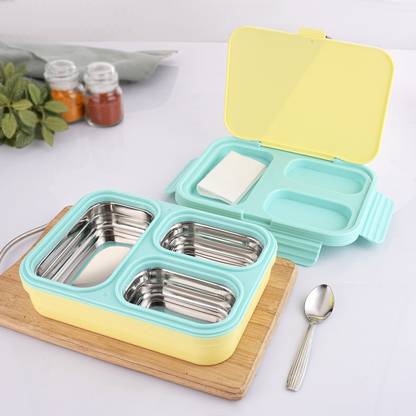 Nabhya 3 Compartment Stainless Steel Lunch Box for School with Steel Spoon 3 Containers Lunch Box