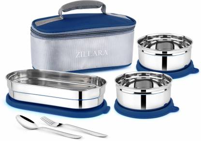 Zillara Sigma Pro Navy Blue Lunch Box for Men & Women – Office, School, College 3 Containers Stainless Steel Office Lunch Box