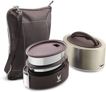 Vaya Lyte 600 ml Graphite Polished Stainless Steel Tiffin Box with BagMat 2 Containers Lunch Box