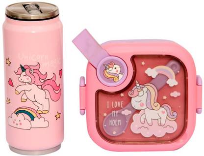 FATFISH Unicorn 500ml Stainless Steel Lunch Box with Unicorn Water Bottle combo for Girl 1 Containers Stainless Steel School Lunch Box