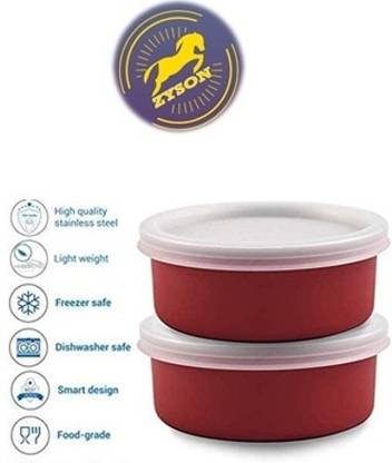 zyson ZYN Small Round Lunch Containers Set (Pack of 2,Red) 2 Containers Stainless Steel Office Lunch Box
