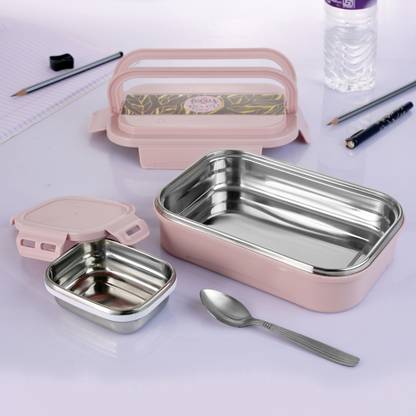 Nabhya Tiffin & Meal Stainless Steel Handle Lunch Box With Katori For School Kids 2 Containers Stainless Steel, Plastic School Lunch Box
