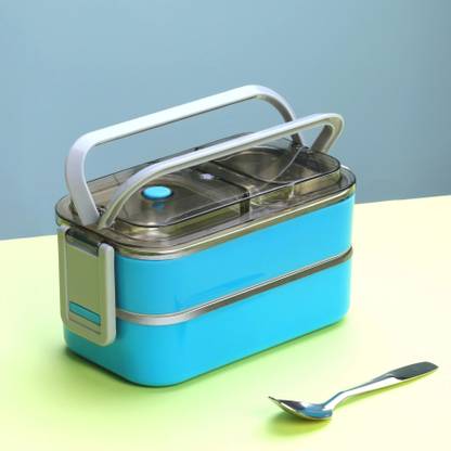 Oasistore Stainless steel,leak proof, cyan with 1 SS spoon & extra lock lid,for school 3 Containers Lunch Box