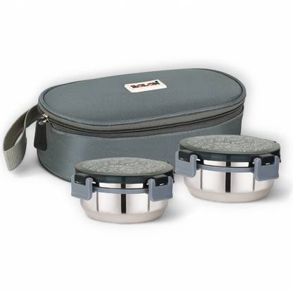 ROLON Lunch Lock 2 | Grey | 2 Airtight Stainless Steel Containers | Insulated Bag 2 Containers Lunch Box