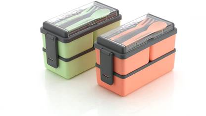 Quickmart Premium Double Layered Lunch Box BPA-Free Double Decker Lunch Box 750ml Combo 3 Containers Stainless Steel, Plastic Office Lunch Box