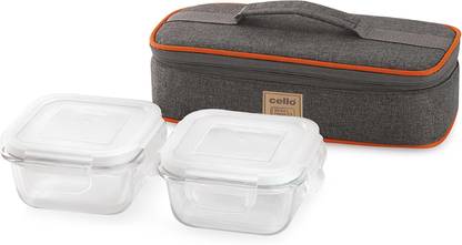 cello Royale Square Borosilicate Horizontal Glass Lunch Box with Jacket, 320ml 2 Containers Lunch Box