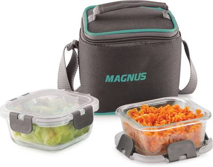 Magnus Glock Solid Glass Lunch Box with Vertical Pouch and Detachable Clip 2 Containers Lunch Box