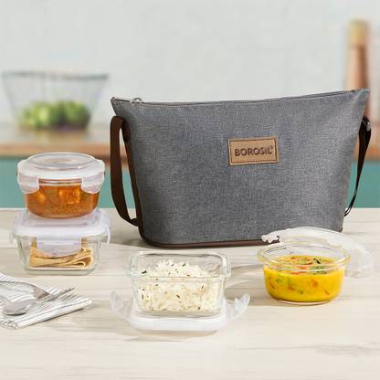 BOROSIL Pro Daisy Glass Lunchbox, Set of 4 (320ml x 2 Square + 240ml x 2 Round) 4 Containers Glass Office Lunch Box