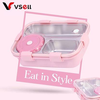 VSELL Lunch Box 3 Compartment Leakproof, Stainless Steel, With Spoon + FORK 3 Containers Lunch Box
