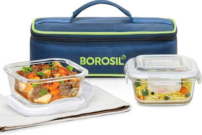 BOROSIL Blue Bag Lunch Box with Bag, 2 Pc (320 ml x 2 Square) Tiifin, Horizontal 2 Containers Lunch Box