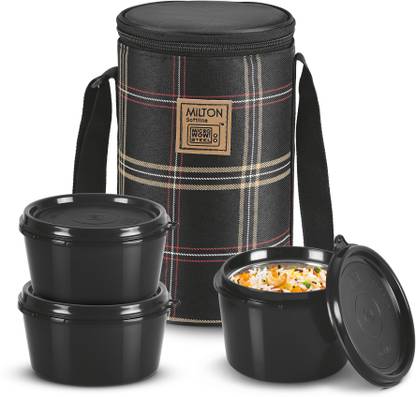 MILTON (3 Containers, 1 X 320 ml, 2 X 450 ml each) With Jacket, Black 3 Containers Lunch Box