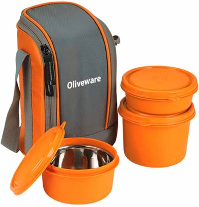 Oliveware Boss Lunch Box - Orange | Steel Range | Microwave Safe & Leak Proof | 3 Air-Tight Containers with Bag | Keep Food Hot | School, College & Office Use 3 Containers Lunch Box