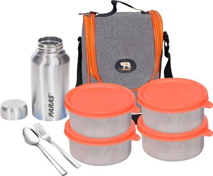 PARAS Premium Steel Lunch Box Set: 4 Containers(350ml Each),Bottle(500ml),Spoon & Fork 4 Containers Lunch Box