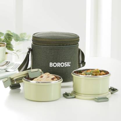 BOROSIL Glory Green Microwavable Steel Lunchbox, 3 pcs Set (280 ml Each), Office Tiffin 3 Containers Lunch Box