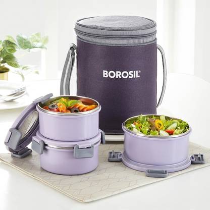BOROSIL Microwavable Steel Lunchbox, 3pc (280ml x 2 + 460ml x 1) Tiffin 3 Containers Lunch Box
