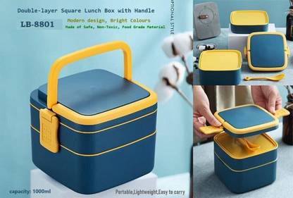 Harman Traders Double-Layer Airtight Square Lunch Box with Handle, 2 Compartment 2 Containers Plastic Office Lunch Box