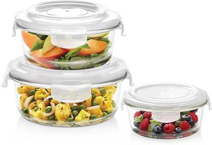 BOROSIL Klip-N-Store Set of 3 Microwave & Oven Safe Gift Set, Glass Storage Container, 400ml, 620ml & 950ml Round, with Air Tight Lid (Transparent) 3 Containers Lunch Box