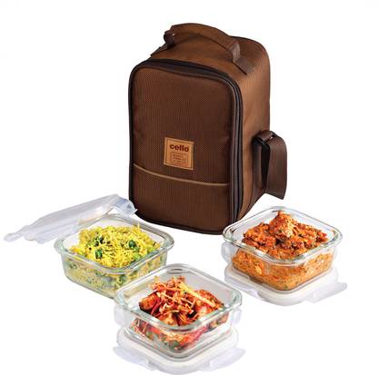 cello MF Glassy Seal O Fresh Square Borosilicate 3 Containers Lunch Box