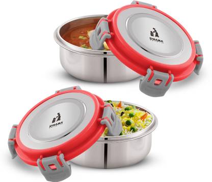 Dhara Stainless Steel Fit N Fresh Tiffin Box Containers With Four Side Clips Lock Airtight Lid Red 2 Containers Lunch Box