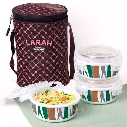 Larah by Borosil Geo Green Opalware Lunch Box with Bag, Unisex Lunch box for Office, School 3 Containers Lunch Box