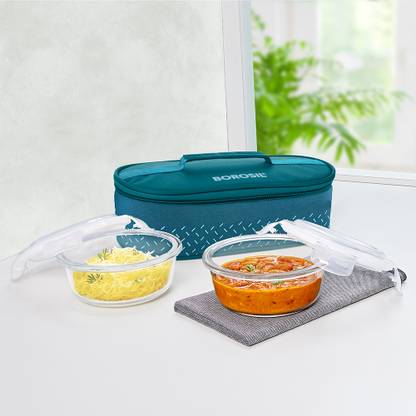 BOROSIL Teal Lunch Box with Bag, 2pc (400 ml x 2 Round), Horizontal Glass Office Tiifin 2 Containers Lunch Box