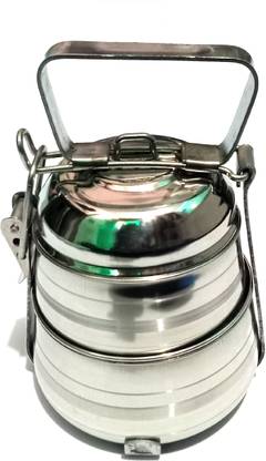JAMM Stainless Steel Two Tier Compartment Lunch Box with Handle (Silver) 2 Containers Lunch Box