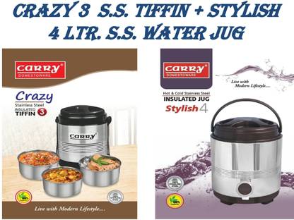 CarryDomestowar KHAANA PAANI SET,(4 Ltrs. S.S. Water Jug + S.S. Tiffin with 3 SS Containers) 3 Containers Lunch Box