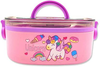 AKANAR Unicorn Stainless Steel Leak Proof Lunch Box For Kids Girls(Pack Of 1 : Pink) 2 Containers Lunch Box