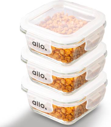 Allo Borosilicate Glass Lunch Box with Lid And Break Free Lock, Microwave Safe 3 Containers Lunch Box