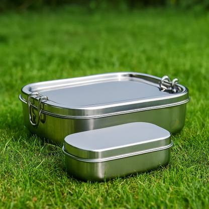 MARSELITE Stainless Steel Lunch Box for School & Office with Side Handle & Extra Box 2 Containers Lunch Box