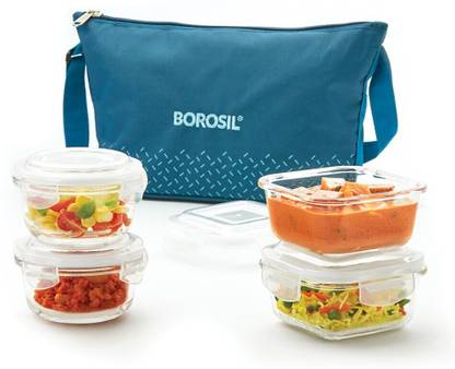 BOROSIL Teal Daisy Bag, 4 Pc (320ml x 2 Square + 240ml x 2 Round), Tiifin for office 4 Containers Lunch Box