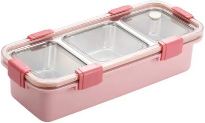 Harry Pink SnapLock Compact MealBox 3-in-1 with Leak-Proof Lid Stainless Steel 3 Containers Lunch Box