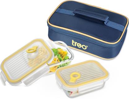 TREO All Fresh Microwavable Borosilicate Glass Rectangular Tiffin 380ml Each & Jacket 2 Containers Lunch Box