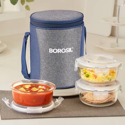 BOROSIL Alora Borosilicate Glass Lunchbox, 3 pc Round Set (400 ml Each), Office Tiffin 3 Containers Lunch Box