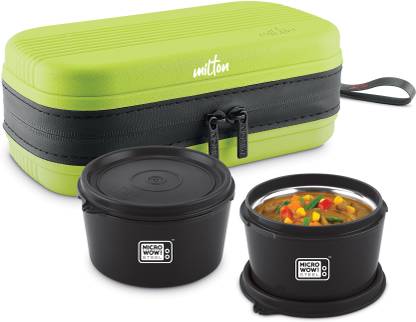 MILTON Town Case Microwavable Lunch Box Inner Steel Double Wall 450 ml each,Lemon Green 2 Containers Lunch Box