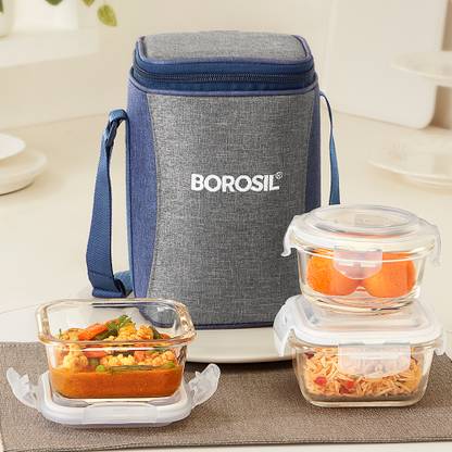 BOROSIL Alora Borosilicate Glass Lunchbox, 3pc Set (320ml x 2 + 240ml x 1) Office Tiffin 3 Containers Lunch Box