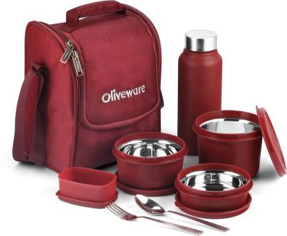 Oliveware Steel Tiffin WITH (1 SPOON & FORK) 1 Bottle 4 Containers Lunch Box