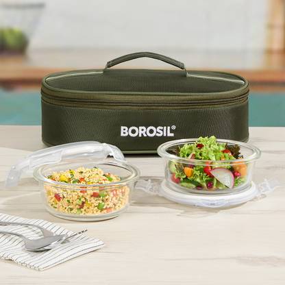 BOROSIL Eateasy Glass Lunchbox, 2pc Set (400ml Each), Microwave Safe, Horizontal 2 Containers Lunch Box