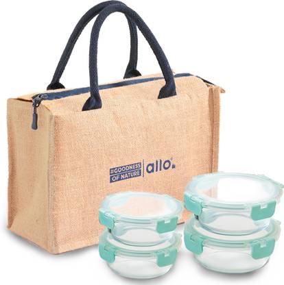 Allo Glass Tiffin Box with Detachable Lock,Borosilicate Oven and Microwave Safe Glass 4 Containers Lunch Box