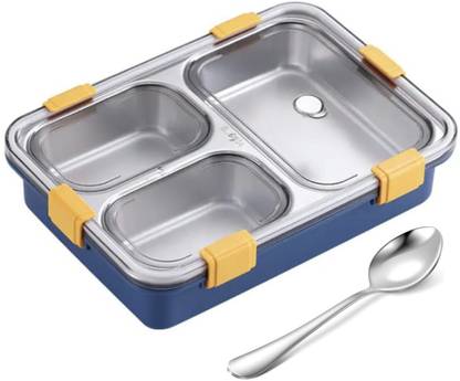QUAPRO Lunch Box 3 Compartment Leakproof, Stainless Steel, With Spoon + Chopstick 3 Containers Lunch Box