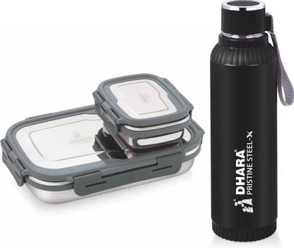 Dhara Stainless Steel Quench 700 ml Water Bottle + Blaze Tiffin Box 900ml and 200ml,(Black) 2 Containers Lunch Box
