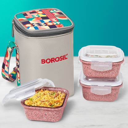 BOROSIL Kube Pink Borosilicate Glass Lunchbox, 3 pc Square Container Set (320 ml Each) 3 Containers Lunch Box