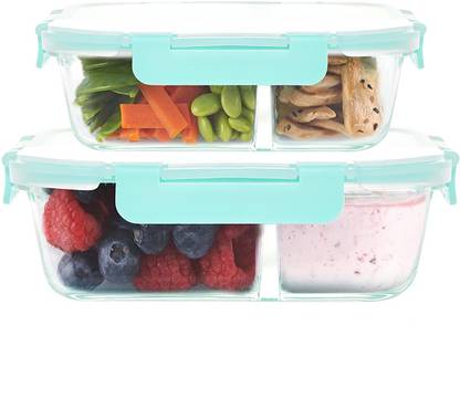 Cutting EDGE Smart Lock Borosilicate Rectangular Glass Lunch Box Food Container 640 & 1040 ML 2 Containers Lunch Box