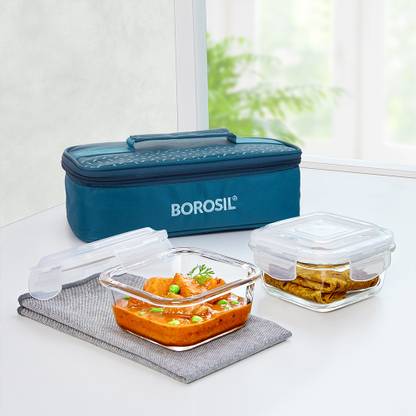 BOROSIL Teal Lunch Box with Bag, 2pc (320 ml x 2 Square), Horizontal Glass Office Tiifin 2 Containers Glass Office Lunch Box