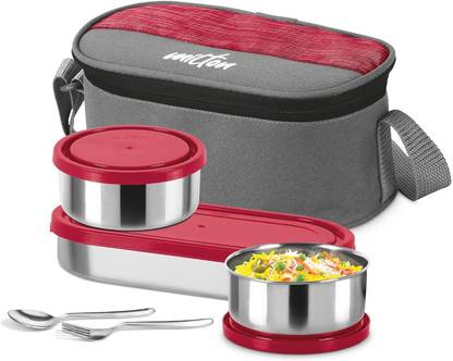 MILTON MASTER LUNCH Inner Stainless Steel CONTAINER Tiffin Box RED WITH JACKET 3 Containers Lunch Box