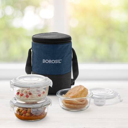 BOROSIL Elite Lunch Box with Bag, Set of 3 (400 ml x 3), Office Tiffin, Round 3 Containers Lunch Box