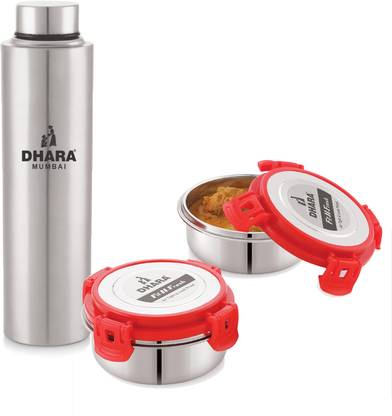 Dhara Stainless Steel EVERFRESH 1000 (960 ML) Steel Water Bottle + FIT N FRESH Tiffin Box 300 ML RED 2 Containers Lunch Box