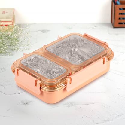 cello Duo Big PU Insulated Lunch Box | 4 Sided Click Locks | Peach | 1 Containers Lunch Box